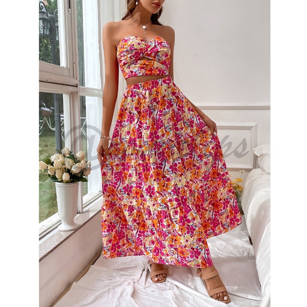 2 Piece Set Floral Strapless Top & High Waist Flared Maxi Skirt Pink Yellow - Picture 2 of 9